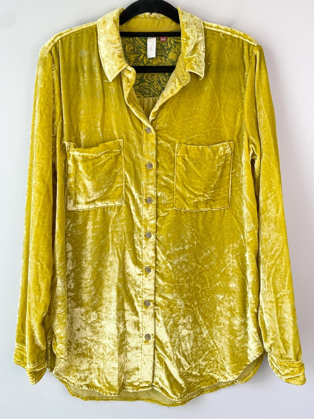 Anthropologie Pilcro Womens Mara Velvet Shirt 4 Yellow Button Up Boho Festive
